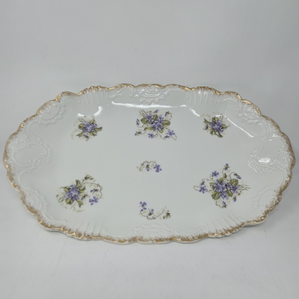 Antique Bernardaud Limoges France Porcelain Platter Violet Flowers Gold Rim Tray